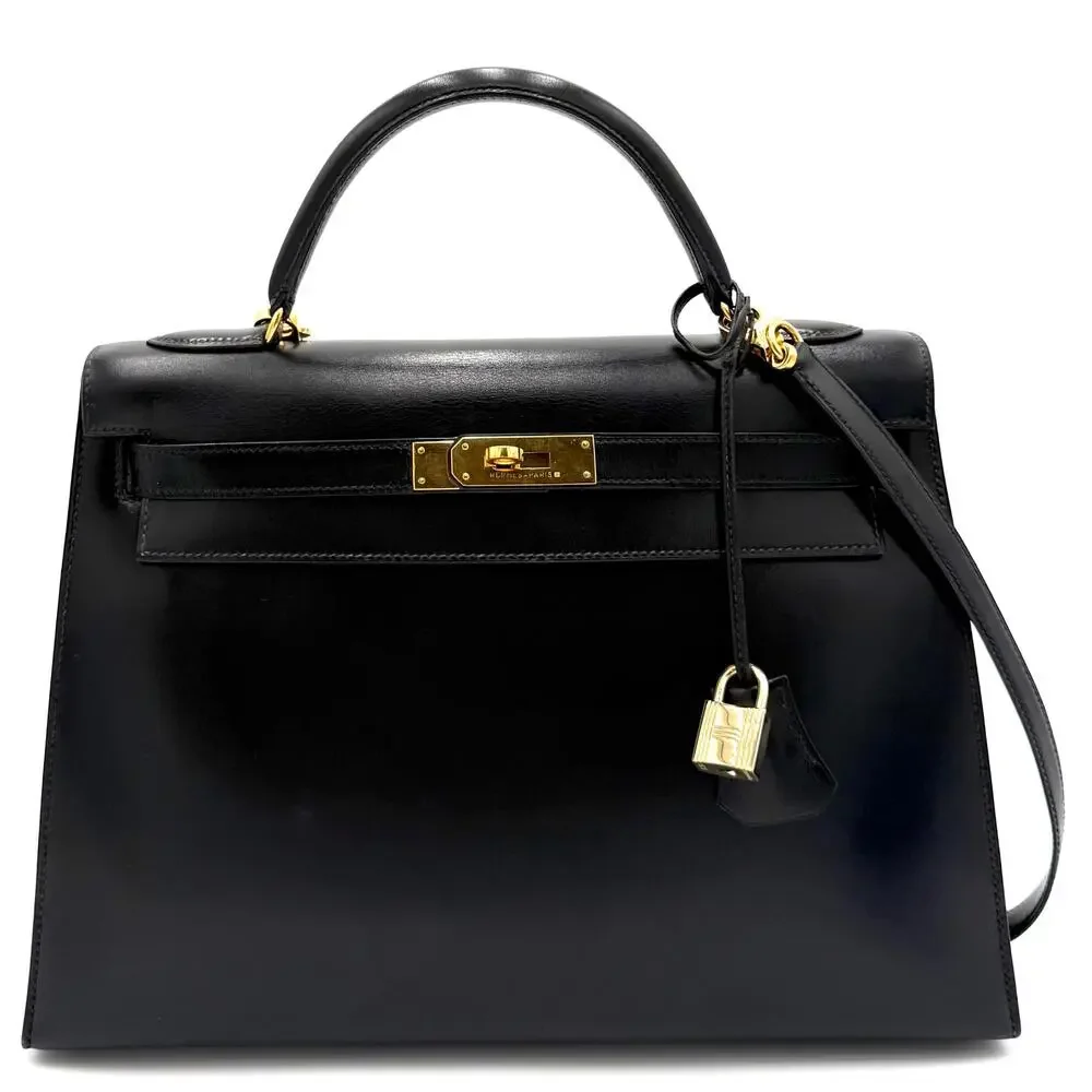 Kelly 32 Black Sellier Box Leather Bag with Gold Hardware